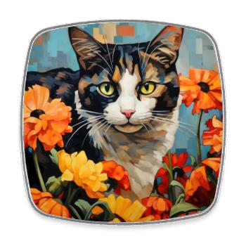 Katze, katzenmotiv, blumen, geschenk, geschenkidee - Viereckiger Kühlschrankmagnet - Weiß - Vorne
