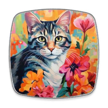 chat, motif de chat, fleurs, cadeau, idée cadeau - Magnet carré - blanc - Devant