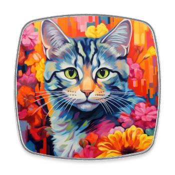cat, cat motif, flowers, gift, gift idea - Square fridge magnet - white - Front
