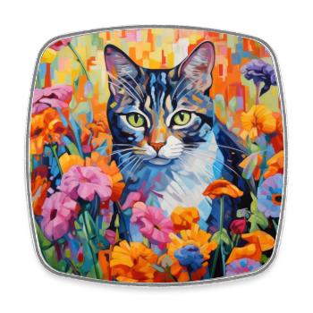 chat, motif de chat, fleurs, cadeau, idée cadeau - Magnet carré - blanc - Devant