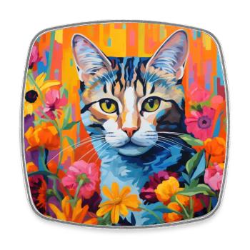 chat, motif de chat, fleurs, cadeau, idée cadeau - Magnet carré - blanc - Devant