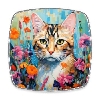 chat, motif de chat, fleurs, cadeau, idée cadeau - Magnet carré - blanc - Devant