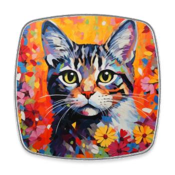 chat, motif de chat, fleurs, cadeau, idée cadeau - Magnet carré - blanc - Devant