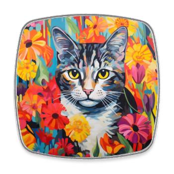 chat, motif de chat, fleurs, cadeau, idée cadeau - Magnet carré - blanc - Devant