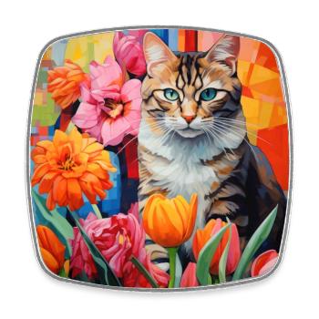 chat, motif de chat, fleurs, cadeau, idée cadeau - Magnet carré - blanc - Devant