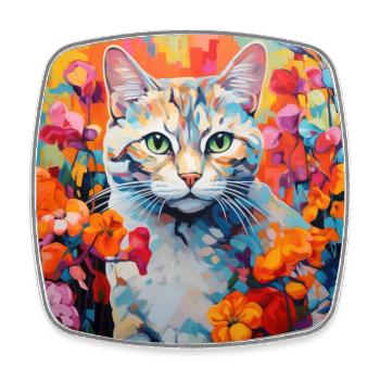 chat, motif de chat, fleurs, cadeau, idée cadeau - Magnet carré - blanc - Devant