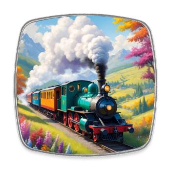 Train coloré avec locomotive à vapeur fumante - Magnet carré - blanc - Devant