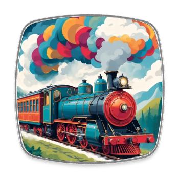 Train coloré avec locomotive à vapeur fumante. Un gentleman - Magnet carré - blanc - Devant