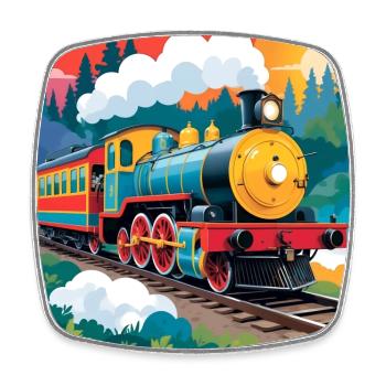 Chemin de fer coloré avec locomotive à vapeur fumante - Magnet carré - blanc - Devant