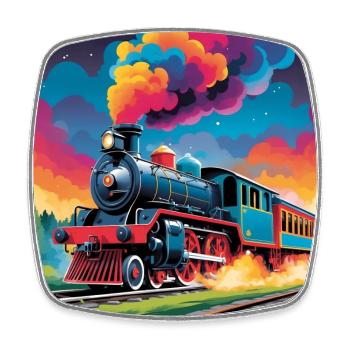 Train coloré avec locomotive à vapeur fumante - Magnet carré - blanc - Devant