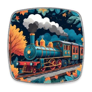 Train de chemin de fer coloré avec locomotive à vapeur fumante - Magnet carré - blanc - Devant