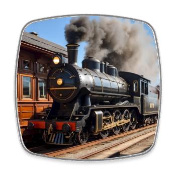 Large smoking steam locomotive in the station - Square fridge magnet - white - Front