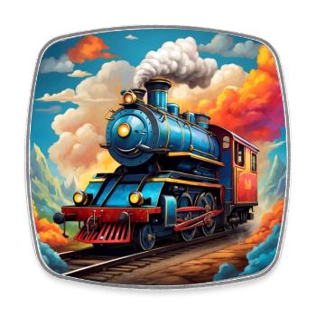 Big colorful smoking steam locomotive - Square fridge magnet - white - Front
