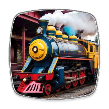 Colorful smoking steam locomotive in train station - Square fridge magnet - white - Front