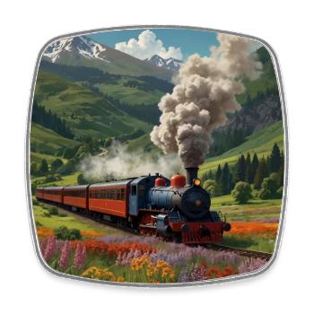 Nostalgic smoking steam locomotive with wagons - Square fridge magnet - white - Front