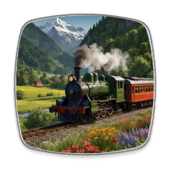 Nostalgic smoking steam locomotive with wagons - Square fridge magnet - white - Front