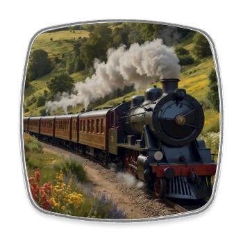 Nostalgic smoking steam locomotive with wagons - Square fridge magnet - white - Front