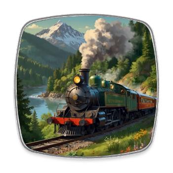 Nostalgic smoking steam locomotive with wagons - Square fridge magnet - white - Front