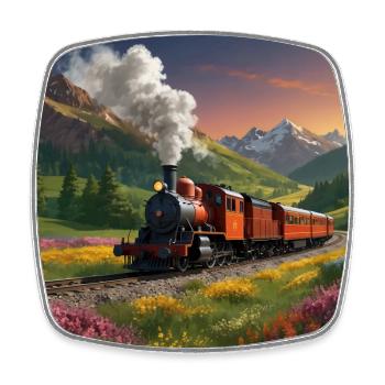 Nostalgic smoking steam locomotive with wagons - Square fridge magnet - white - Front