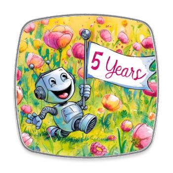 5 Jahre, 5. Geburtstag Roboter auf Blumenwiese - Viereckiger Kühlschrankmagnet - Weiß - Vorne