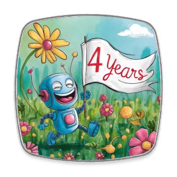 4 Jahre, 4. Geburtstag Roboter auf Blumenwiese - Viereckiger Kühlschrankmagnet - Weiß - Vorne