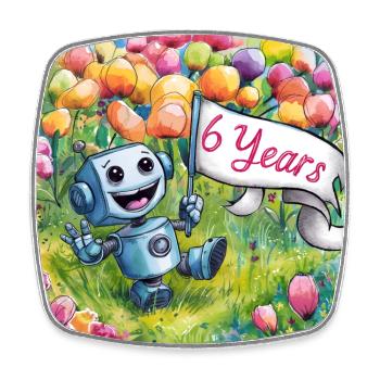 6 ans, 6e anniversaire robot sur prairie fleurie - Magnet carré - blanc - Devant