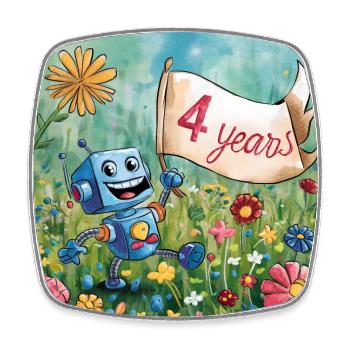 4 Jahre, 4. Geburtstag Roboter auf Blumenwiese - Viereckiger Kühlschrankmagnet - Weiß - Vorne