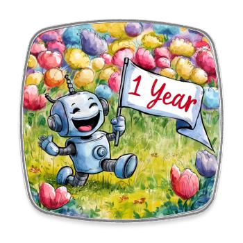 1 Jahr 1. Geburtstag Roboter auf Blumenwiese - Viereckiger Kühlschrankmagnet - Weiß - Vorne