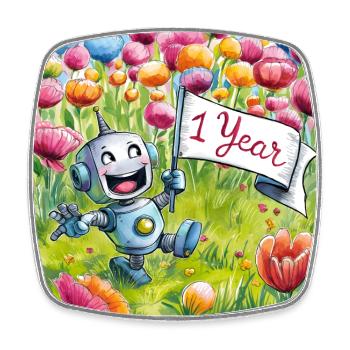 1 Jahr 1. Geburtstag Roboter auf Blumenwiese - Viereckiger Kühlschrankmagnet - Weiß - Vorne