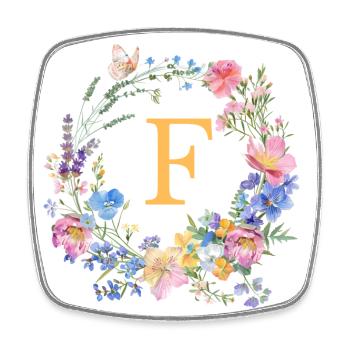 F Monogram Floral, Floral Wreath, Personalizable - Square fridge magnet - white - Front