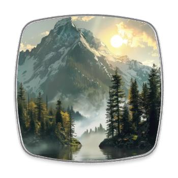 Mountains, Landscape, Nature, Trees, Sun - Square fridge magnet - white - Front
