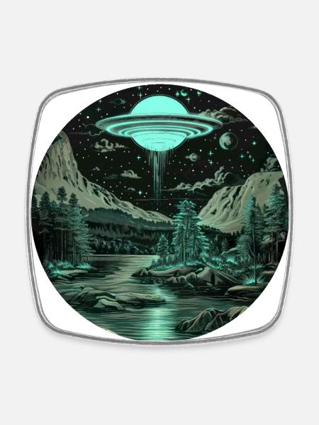 OVNI, Nature, Lune, Lac, Extraterrestre, Arbres - Magnet carré - blanc