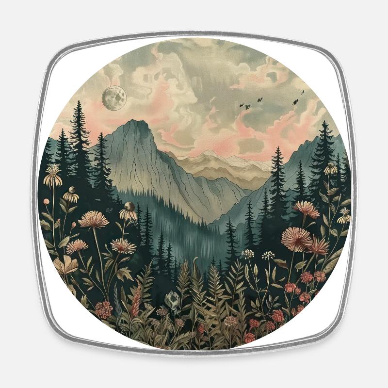 Boho, Flowers, Mountains, Landscape, Nature, Trees - Square fridge magnet - white
