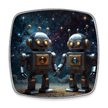 Two robots in love under the stars - Square fridge magnet - white - Front