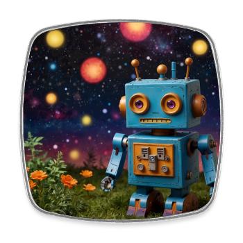 Kleiner Roboter mit Blumen unter dem Sternenhimmel - Viereckiger Kühlschrankmagnet - Weiß - Vorne