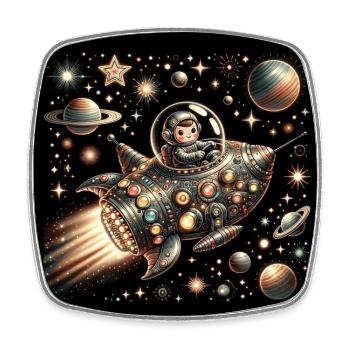 Buntes verziertes Raumschiff kleiner Astronaut - Viereckiger Kühlschrankmagnet - Weiß - Vorne