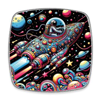 Petit astronaute décoré coloré de vaisseau spatial - Magnet carré - blanc - Devant