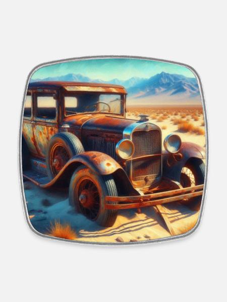 Vintage car wreck in the desert - Square fridge magnet - white