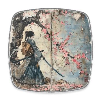 Japanisch, Samurai, Kirschblüte, Kunst, Ukiyo-E - Viereckiger Kühlschrankmagnet - Weiß - Vorne