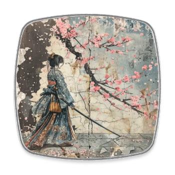 Japanisch, Samurai, Kirschblüte, Kunst, Ukiyo-E - Viereckiger Kühlschrankmagnet - Weiß - Vorne