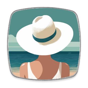 Femme avec chapeau sur la plage - Magnet carré - blanc - Devant