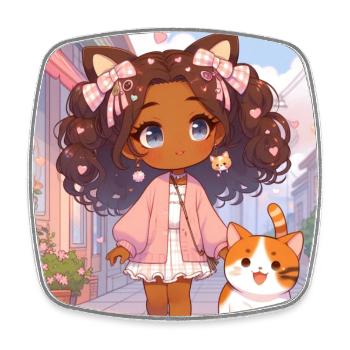 Japanese anime girl walks with her cat - Square fridge magnet - white - Front