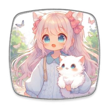 Japanisches Anime-Mädchen geht mit ihrer Katze spazieren - Viereckiger Kühlschrankmagnet - Weiß - Vorne