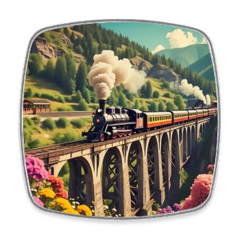 Nostalgischer Eisenbahnzug mit Dampflok auf Brücke - Viereckiger Kühlschrankmagnet - Weiß - Vorne