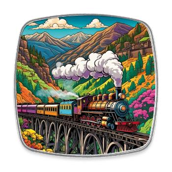 Nostalgic railway train with steam locomotive on bridge - Square fridge magnet - white - Front