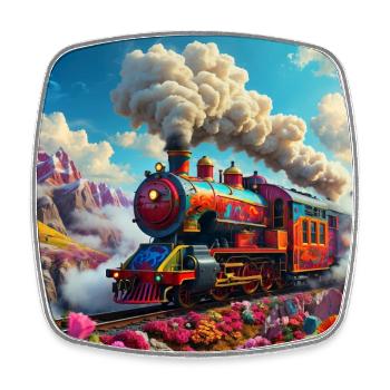 Colorful nostalgic locomotive with wagons - Square fridge magnet - white - Front