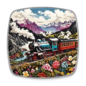 Colorful nostalgic locomotive with wagons - Square fridge magnet - white - Front