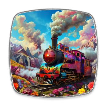 Colorful nostalgic locomotive with wagons - Square fridge magnet - white - Front