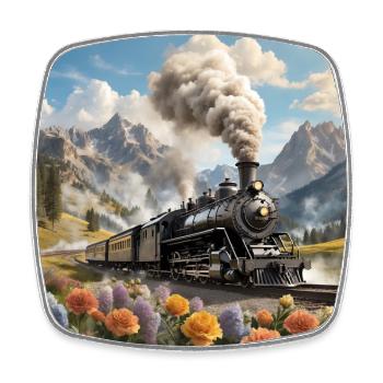 Große qualmende Dampflokomotive mit Waggons - Viereckiger Kühlschrankmagnet - Weiß - Vorne