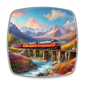 Santa Fe Diesellokomotive mit Waggons auf Brücke - Viereckiger Kühlschrankmagnet - Weiß - Vorne
